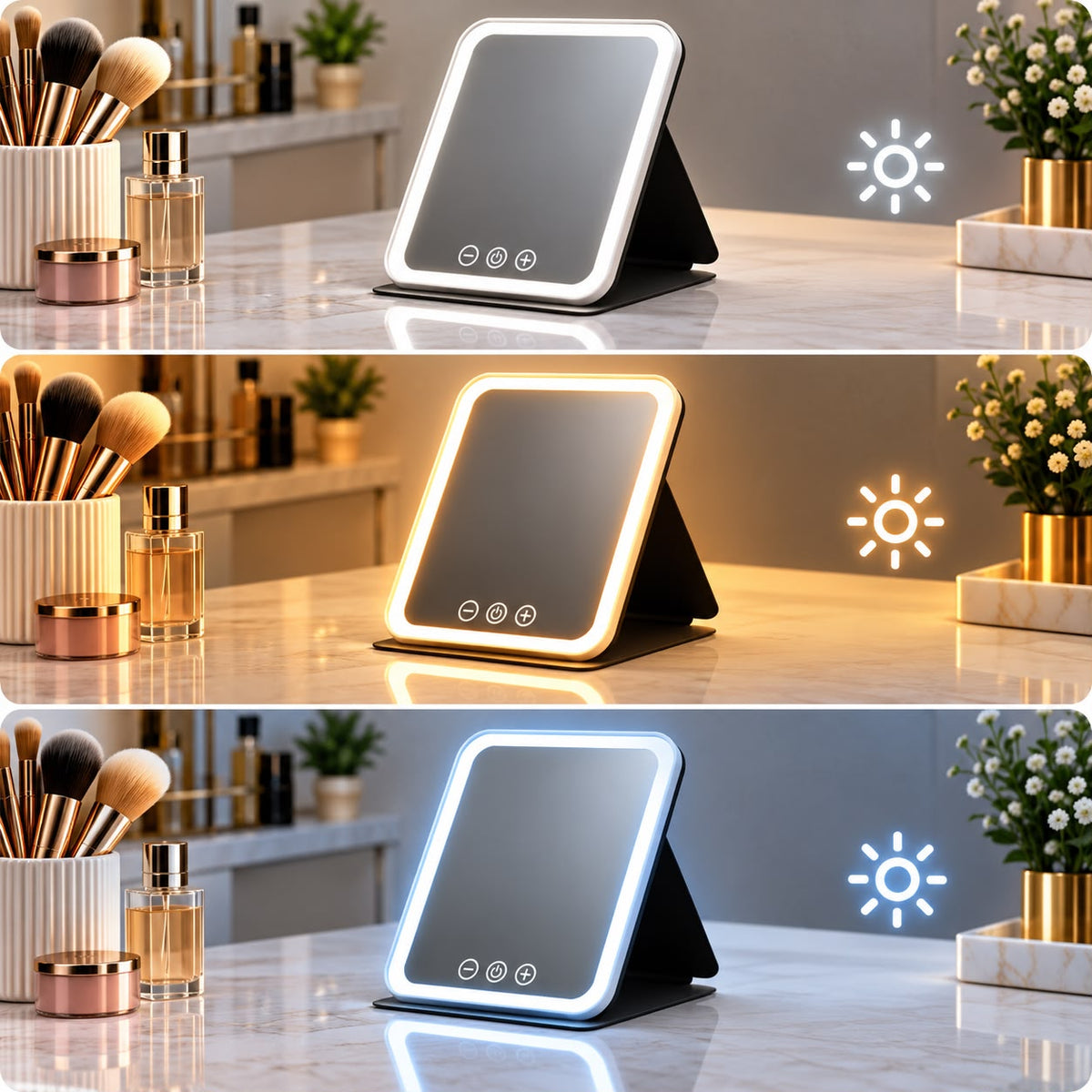 Miroir Lumineux Lunearia — 3 couleurs de lumière, pliable et rechargeable