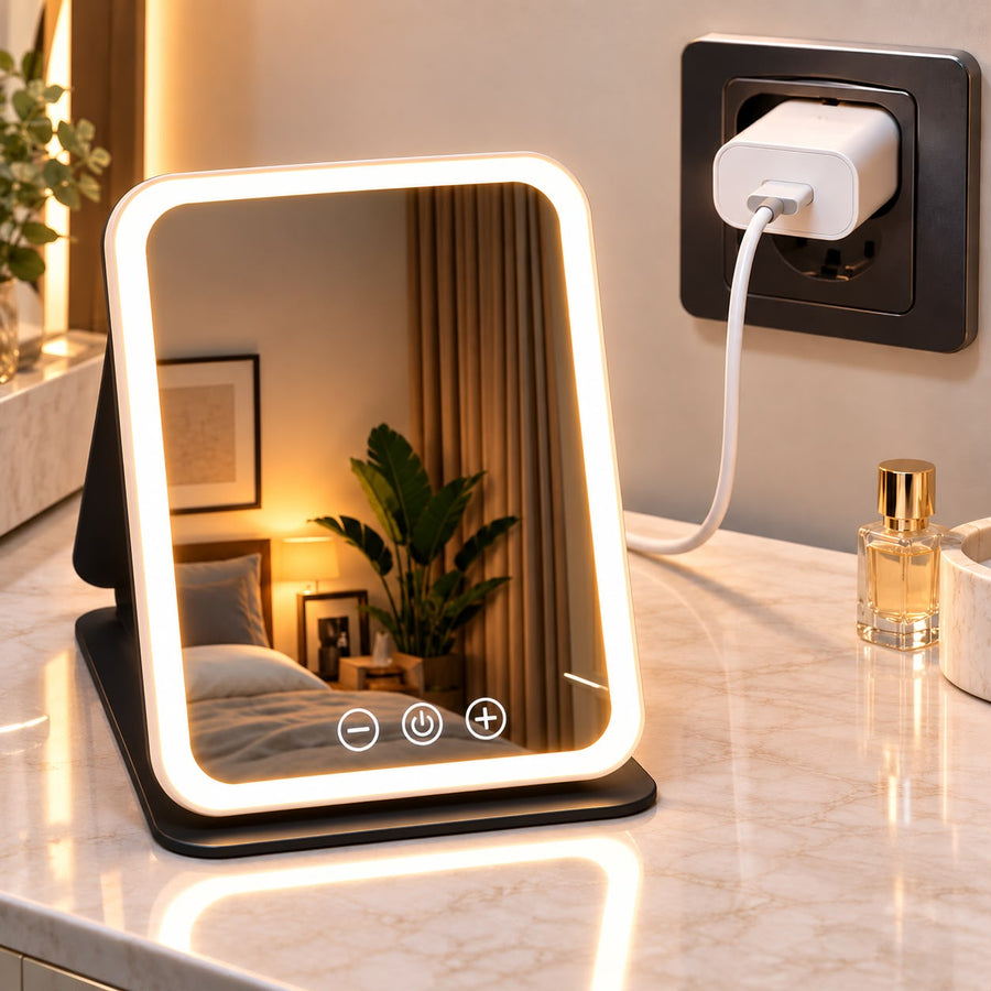 Miroir Lumineux Lunearia — 3 couleurs de lumière, pliable et rechargeable